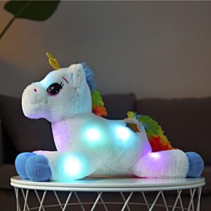PELUCHE LICORNE BLANCHE LUMINEUSE SUR UNE TABLE
