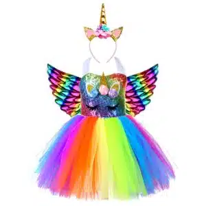 ROBES LICORNE ANNIVERSAIRE MAGIQUE AVEC BANDEAU ET AILES MULTICOLORES