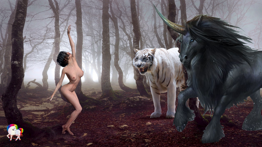 La danse magique d'une femme dans un monde fantastique pour un tigre blanc en compagnie d'une licorne noire