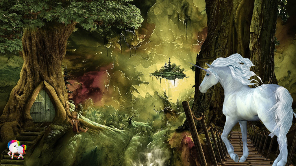 Dans une forêt féerique magique et luxuriante une licorne blanche se promène en compagnie de petit lutin