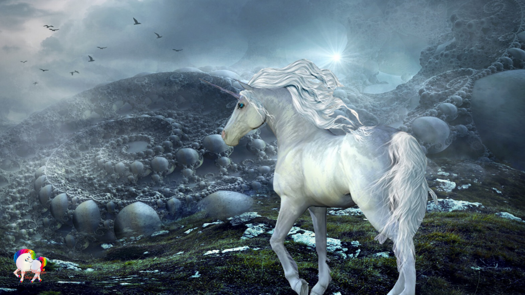 Dans un univers fantastique et inquiétant une licorne blanche et pure se promène