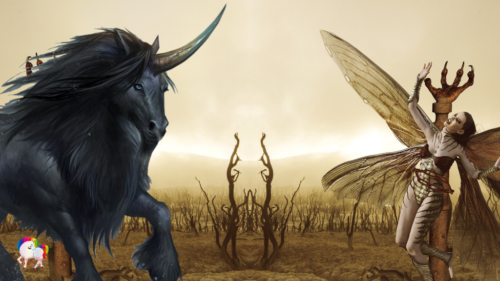Une licorne noire vient délivrer une fée libellule dans un monde sec et aride