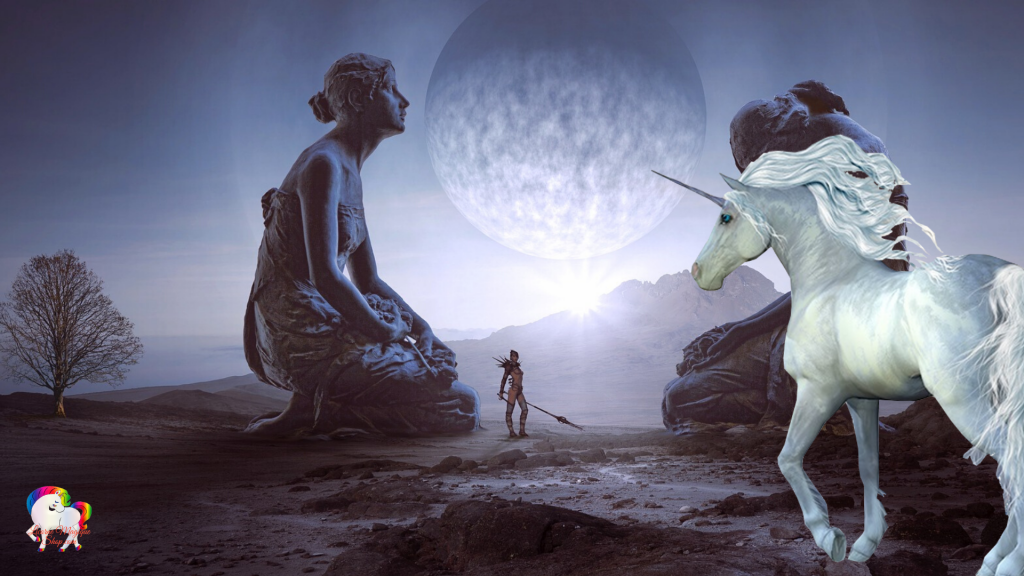 Rencontre entre une guerrière antique et mythologique au pied de deux statues géantes avec une licorne blanche magique dans un monde fantastique