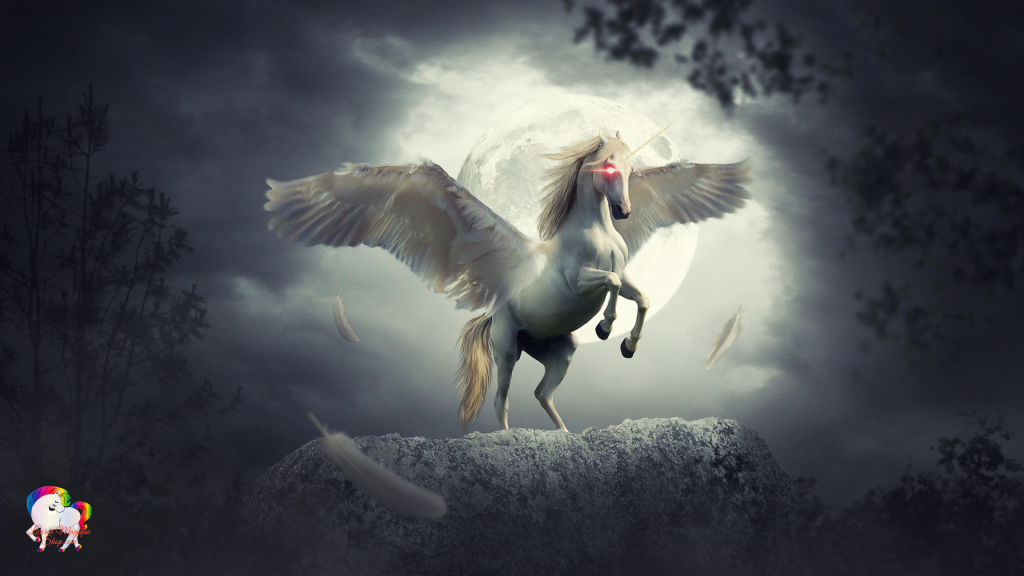 Dans la nuit une immense lune brillante rayonne se trouve un être maléfique cabré sur une colline un mélange d'une licorne et pégase blanc avec des yeux rouges