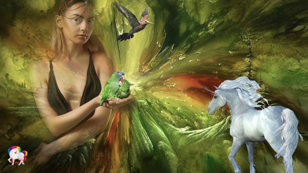 Une licorne blanche découvre un monde magique et fantastique d'une fée géante en compagnie d'oiseaux