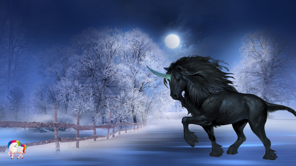 Dans un monde enneigé une licorne noire se promène
