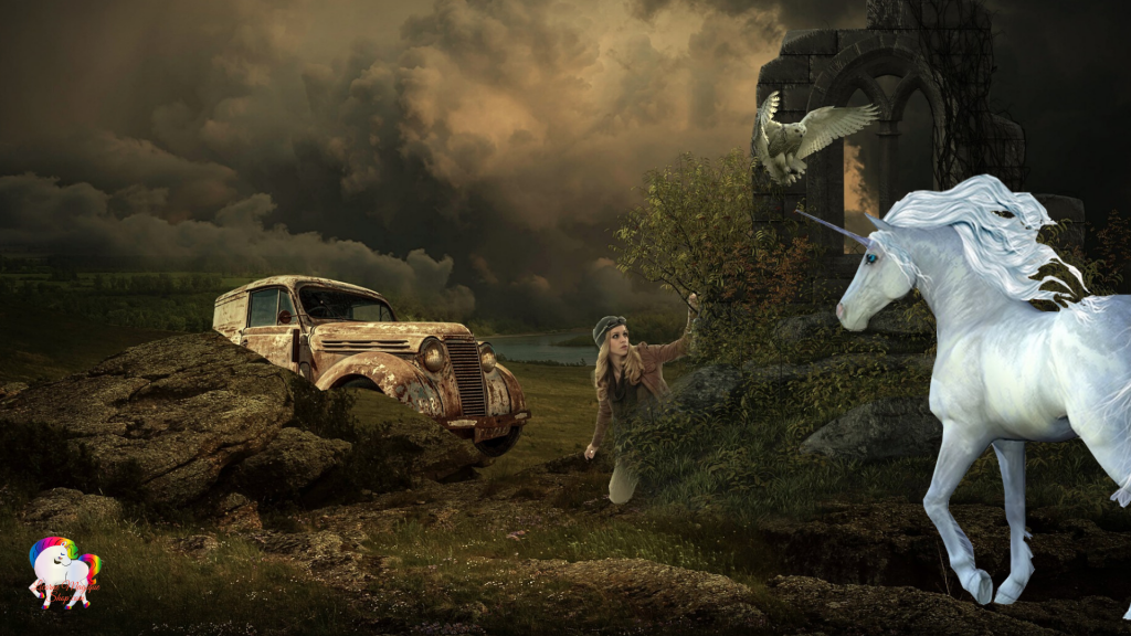 Dans un monde étrange et fantastique la rencontre entre une jeune fille et une licorne blanche qui passait par là