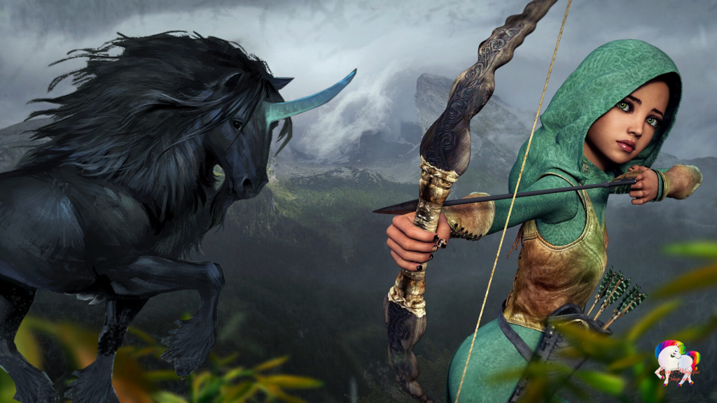 Dans un univers magique et fantastique une jeune fille chasse en compagnie d'une licorne noire qui la protège