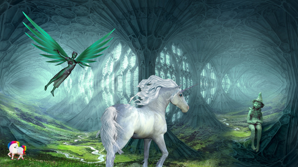 Dans un univers fantastique et surnaturel la rencontre d'une licorne blanche avec une fée et un lutin dans une grotte magique