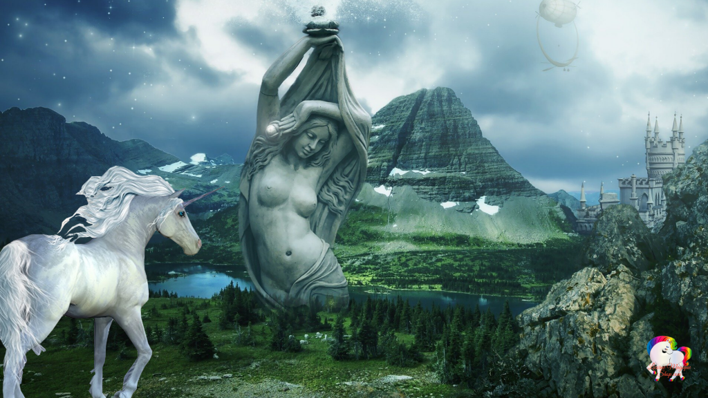 La découverte par une licorne blanche d'une vallée magique au loin une statue géante d'une déesse et un royaume antique