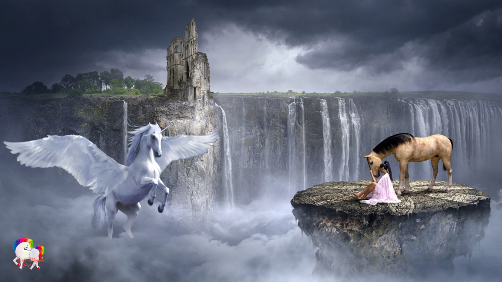 Au loin une fantastique cascade géante avec une veille ruine d'un vieux château antique sur une roche une jeune femme avec son cheval se prosterne devant un être à moitié licorne et pégase