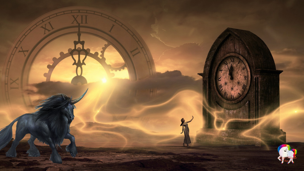 L'arrivée dans un paysage fantastique et magique d'une licorne noire devant une fée maîtresse du temps au pied d'une horloge géante