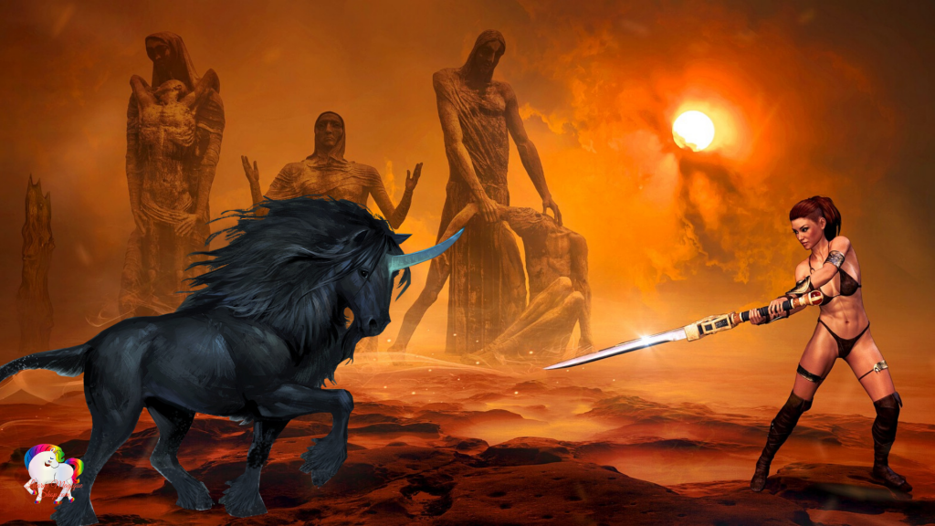 Dans un désert brûlant trois statues géantes au loin une guerrière antique avec sa licorne noire est prête au combat à mener pour la liberté du monde magique et fantastique