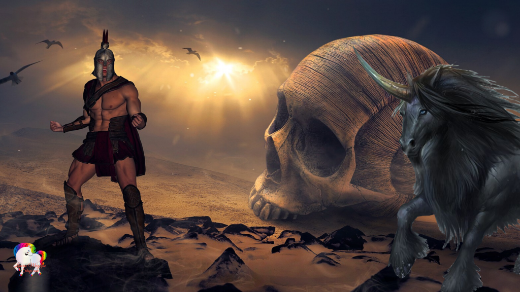 Sortie d'un univers fantastique et magique un gladiateur et prêt à se battre avec sa licorne noire pour libérer son monde