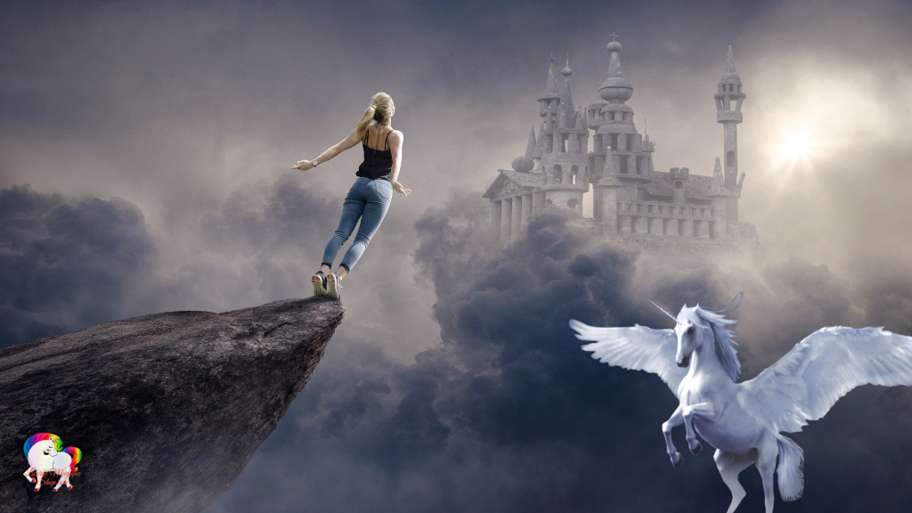 Au loin un vieux château suspendu dans les nuages et le saut de l'ange d'une jeune femme devant un être à moitié licorne et pégase