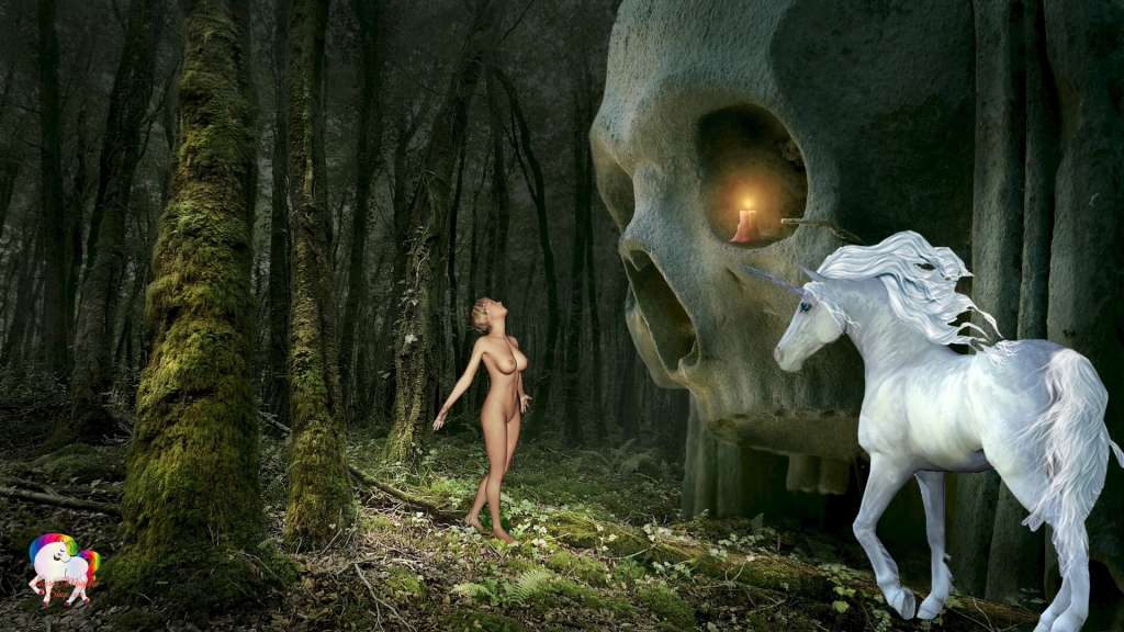 Dans une forêt fantastique et magique la rencontre d'une jeune vierge et d'une licorne blanche