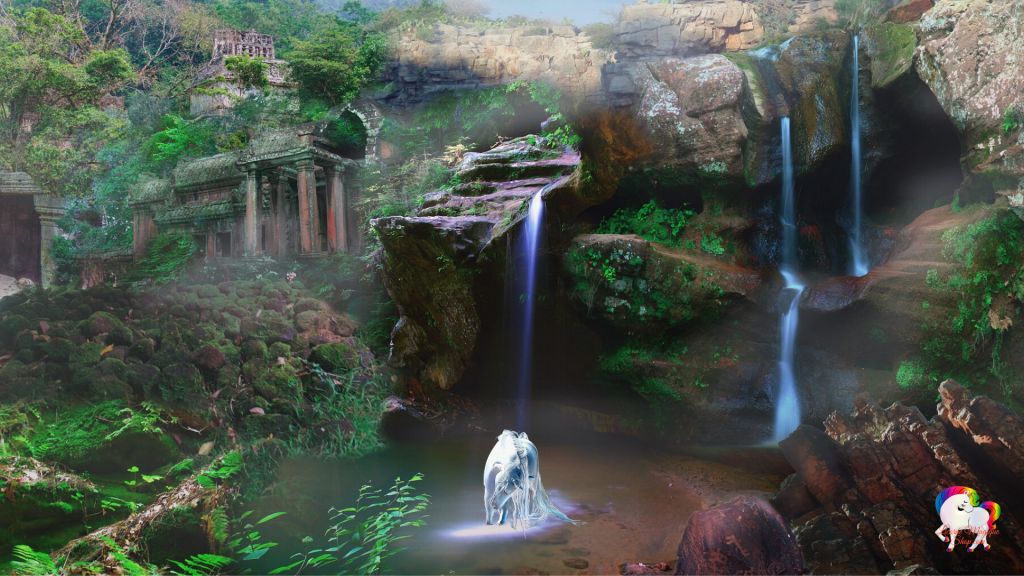 Dans un royaume fantastique et antique au pied de cascade une licorne ce beigne