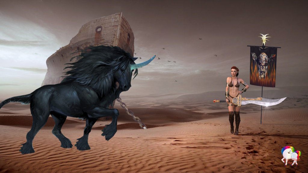 Sur une plage magique et fantastique un vieux bateau est échouée devant lui la rencontre entre une guerrière antique et une licorne noire