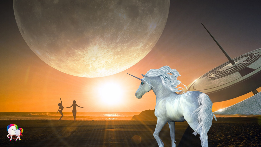 Sur une plage fantastique et magique deux femmes danse au coucher du soleil en présence d'une licorne blanche et pure