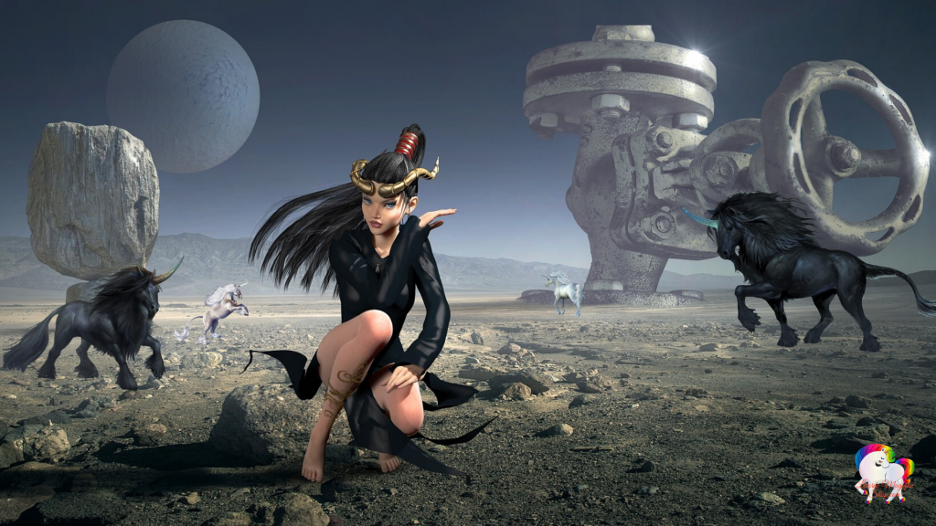 Dans un univers magique et fantastique une jeune sorcière noire à genou prêt de quatre licornes qui s'approche d'elle