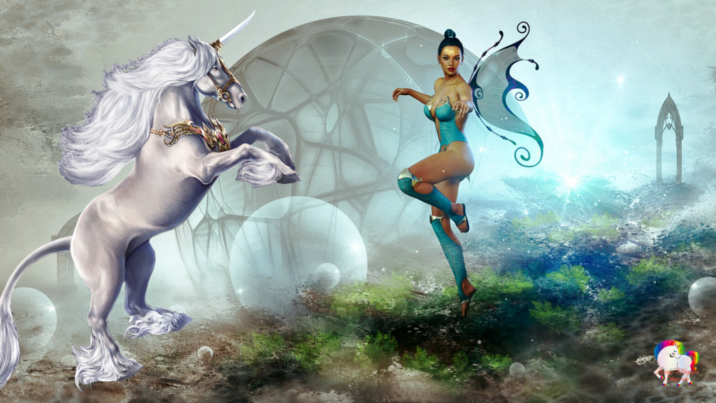 Dans un univers magique une licorne blanche en compagnie de sa fée