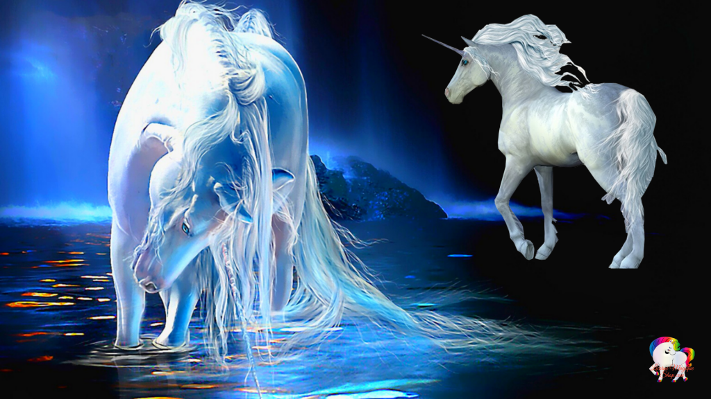 Rencontre dans un monde magique et fantastique de deux licornes blanches pure