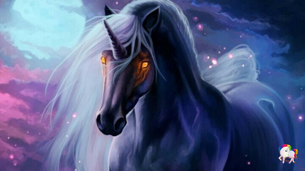 La licorne sombre dans un monde magique et fantastique