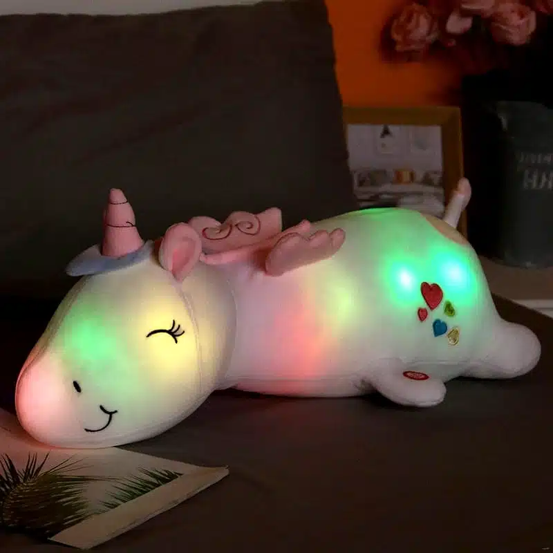 PELUCHE LICORNE LUMINEUSE ROSE AILÉE 25 PELUCHE LICORNE OREILLER LUMINEUX BLANC